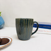 Green Stripped Embossed Ceramic Coffee Mug Set Of 2 Pieces - 350ml Each | Studio Pottery Ceramic Mugs For Coffee, Tea, Milk - Microwave Safe & Leak Proof